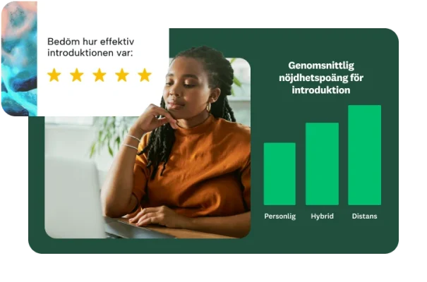 En kvinna vid ett skrivbord tittar på en bärbar dator och det visas ett popup-fönster med ett stapeldiagram över genomsnittlig nöjdhetspoäng för introduktion och en fråga med stjärnmärkning.