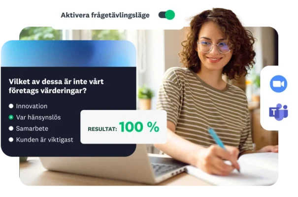 En kvinna som arbetar på en bärbar dator med en ovanpåliggande frågetävling om företagsvärderingar i ”Frågetävlingsläge” med resultatet 100 %.