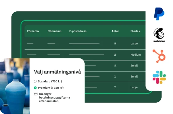 En skärm med alternativ för evenemangsanmälan, en tabell med deltagardata och integreringslogotyper.