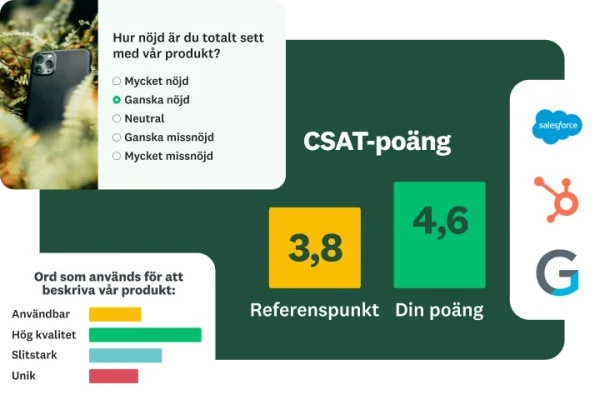 En mobilvy av instrumentpanelen ”CSAT-poäng”. Den visar referenspunkten 3,8 och användarens poäng 4,6. Ett stapeldiagram visar ”Ord som används för att beskriva vår produkt”. Logotyper för Salesforce, HubSpot och Google visas också.