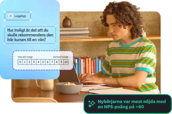 En person som använder en bärbar dator med en ovanpåliggande bild av en enkätfråga om kursrekommendation och en bildtext för NPS-poäng.