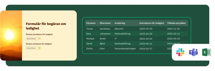 Formulärmall för begäran om ledighet med start- och slutdatum, bredvid en tabell som visar namnen på olika anställda och önskade ledigheter