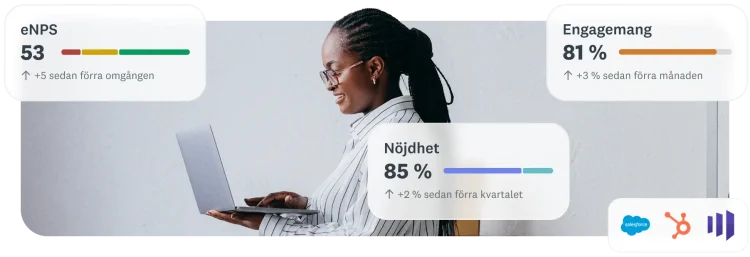 Kvinna som skriver på en bärbar dator, bredvid statistik om att engagemang, nöjdhet och eNPS ökar