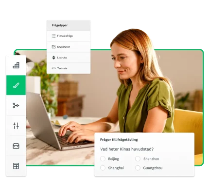 Kvinna som skriver på laptop. Bredvid henne finns skärmbilder av SurveyMonkeys anpassningsalternativ, frågetyper (flervalsfrågor, kryssrutor, listruta) och en sista fråga: ”Vad heter Kinas huvudstad?”
