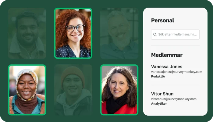 Foton på olika personer bredvid en ruta bredvid som visar personalteamets medlemmar med namn, e-postadresser och behörighetsnivå