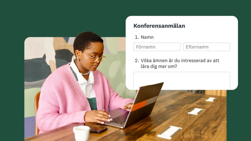 En person vid ett skrivbord som fyller i ett formulär för konferensanmälan på en bärbar dator.