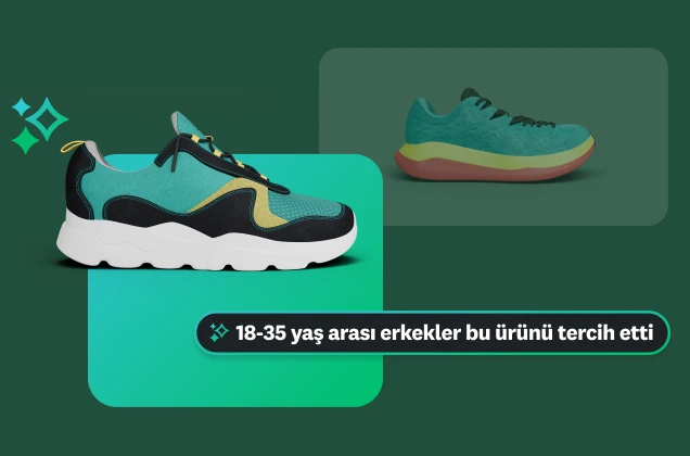 Farklı tarzdaki iki spor ayakkabısının fotoğrafını içeren bir görsel. "18-35 yaş arası erkekler bu ürünü tercih etti" yazılı bir metin kutusu belirli bir demografik görüşü vurguluyor.