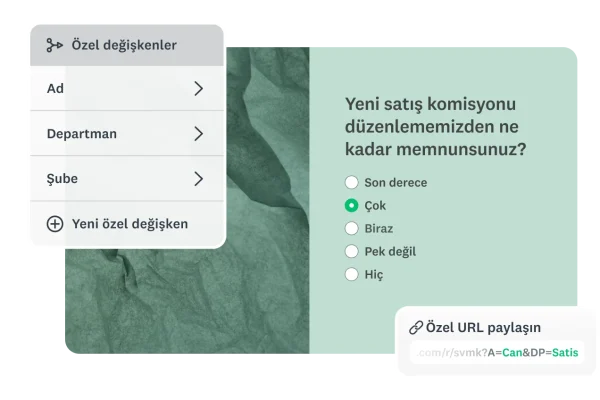 Yanıtlayan bilgilerini otomatik olarak almak üzere anket URL'sini kişiselleştirmek için özel değişkenlerden (Ad, Departman, Şube) nasıl yararlanacağınızı gösteren bir ekran.