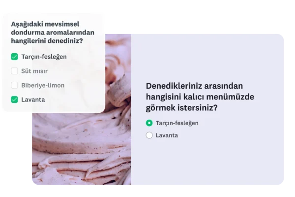 Seçilen mevsimsel dondurma aromalarının (Tarçın-fesleğen, Lavanta) takip sorusuna taşındığı kanal oluşturma mantığını gösteren bir anket.