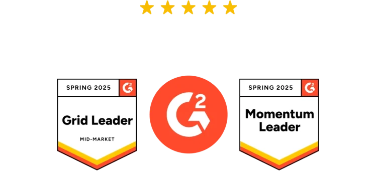 Beş yıldızdan ve İlkbahar 2025 için "Grid Leader" ve "Momentum Leader" olmak üzere iki ödül rozetinden oluşan bir G2 değerlendirmesi görseli.