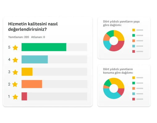 "Hizmetin kalitesini nasıl değerlendirirsiniz?" sorulu bir anket ve yanında "dört yıldızlı yanıtların yaşa göre dağılımı" ve "dört yıldızlı yanıtların konuma göre dağılımı" yazan halka grafiklerinin ekran görüntüleri