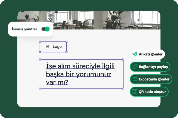 Gönderme, paylaşma ve yanıtları isimsiz hale getirme seçeneklerini içeren bir oryantasyon anketi oluşturma ekranı.
