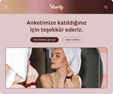 Marka öğeleri eklenmiş bir Viverly anket tamamlama sayfası ile yeni ürünlere ve mağaza indirimlerine göz atmaya yönelik bağlantılar.