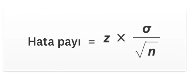 “Hata payı eşittir z değeri katsayısı çarpı popülasyon standart sapması, bölü örnek boyutunun kare kökü” şeklinde ifade edilen hata payı formülü
