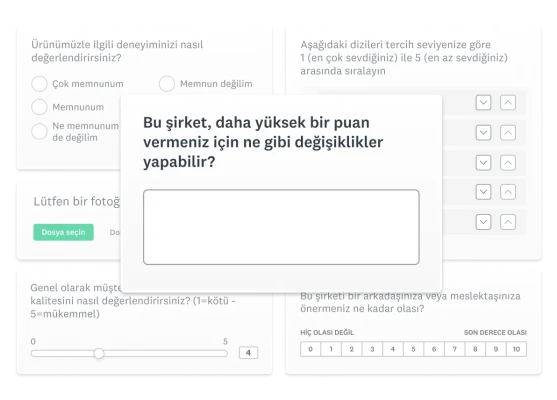 Farklı anket sorusu türlerinin ürün ekran görüntüleri.