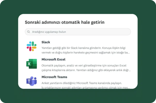 Anket yanıtlarını otomatik olarak Slack, Microsoft Excel ve Microsoft Teams'e gönderme seçeneklerini gösteren bir menü.
