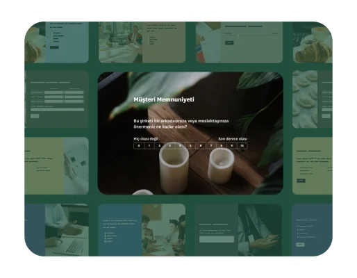 NPS ölçeğinin kullanıldığı bir müşteri memnuniyeti anketinin yakın plan görüntüsü ve etrafında çeşitli görseller.