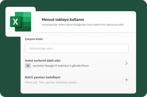 Anket yanıtlarını mevcut bir Microsoft Excel sayfasına bağlama seçeneğini gösteren bir ekran.