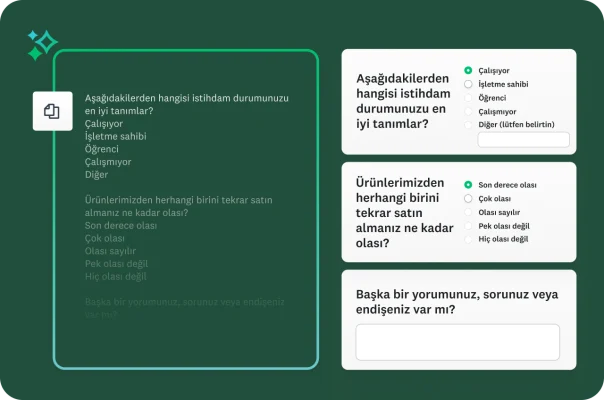 Sol tarafta ham metin halindeki anket sorularını ve sağ tarafta bu soruların platform tarafından otomatik olarak biçimlendirilmesi sonucunda oluşturulan, etkileşime dayalı anket sorularını gösteren bir ekran.