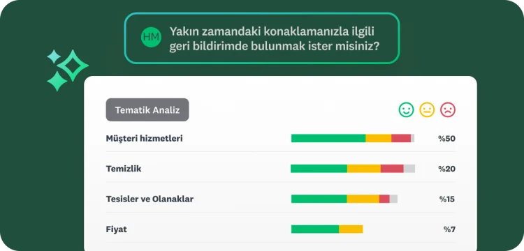 Müşteri Hizmetleri, Temizlik, İmkanlar ve Fiyat başlıkları altında kategorilere ayrılmış otel konaklaması geri bildirimleri için Tematik Analiz sonuçlarını gösteren bir ekran.