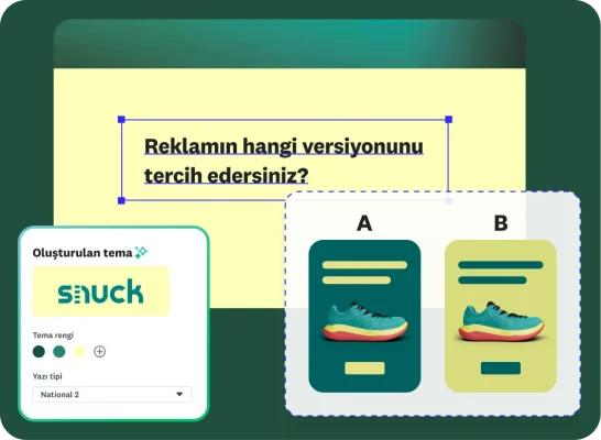 "Snuck" adlı bir ayakkabı şirketinin pazarlama anketi arayüzü. "Reklamın hangi versiyonunu tercih edersiniz?" sorusu, sağ tarafta A ve B reklamlarının yan yana karşılaştırması, sol tarafta ise temayı, yazı tipini ve yerleşimi özelleştirme seçeneklerini gösteren bir tasarım penceresi.