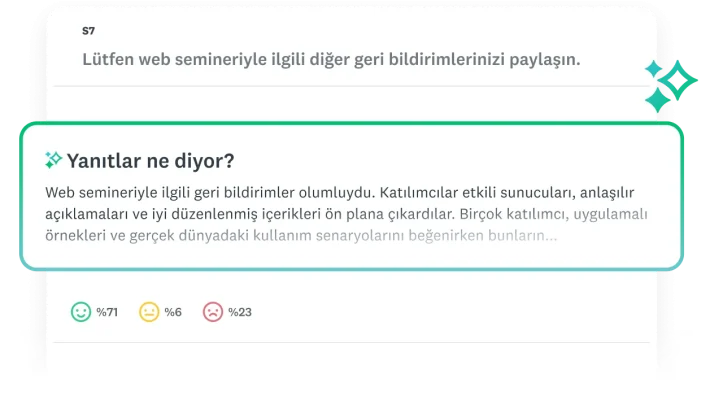 Bir anket sorusuna yönelik tematik analizi özetleyen, "Yanıtlar ne diyor?" penceresi