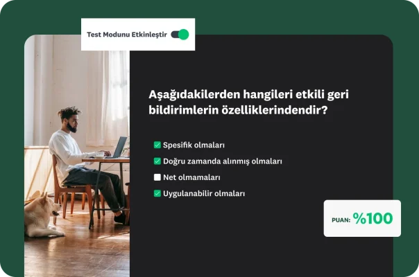 Bir dizüstü bilgisayarın karşısında oturan bir adam ve yanında test arayüzü görseli