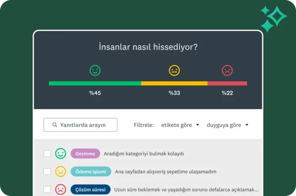 Olumlu yanıt verenlerin %45, nötr yanıtını verenlerin %33 ve olumsuz yanıt verenlerin %22 oranında olduğu bir duygu analizi çubuk grafiğini gösteren bir pano. Alt kısımda, duygu emojleri ve "Gezinme", "Ödeme işlemi" gibi konu etiketleriyle birlikte sıralanmış bireysel yanıtlar yer alıyor.