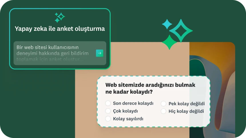 "Yapay zeka ile anket oluşturma" başlıklı bir kullanıcı arayüzü ekranı. "Bir web sitesi kullanıcısının deneyimi hakkında geri bildirim toplamak için anket oluştur" yazılı bir istek metni örneği görünüyor. Ankete ilişkin örnek bir soruda “Web sitemizde aradığınızı bulmak ne kadar kolaydı?” sorusu ve bir dizi yanıt seçeneği yer alıyor.