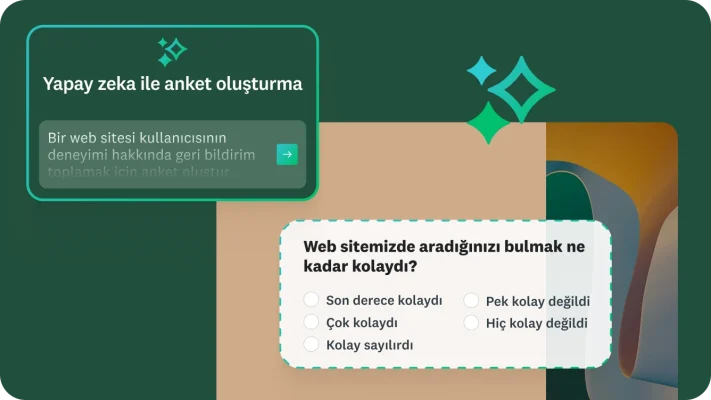 "Bir web sitesi kullanıcısının deneyimi hakkında geri bildirim toplamak için anket oluştur" yazılı bir yapay zeka ile anket oluşturma istek metni, yanında web sitemizde aradığınızı bulmanız ne kadar kolaydı anket sorusu.