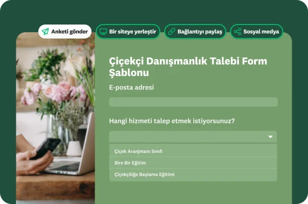 Çiçekçi danışmanlık talebi form şablonu ve yanında e-posta ile gönderme, siteye yerleştirme, bağlantı paylaşma ve sosyal medyada yayınlama dahil olmak üzere çeşitli anket paylaşma yöntemlerini gösteren seçenekler