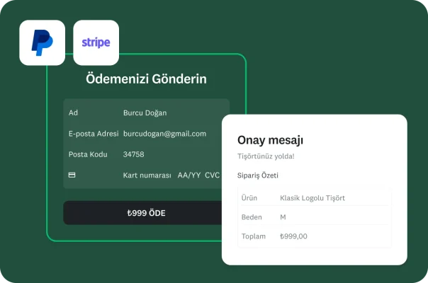 PayPal ve Stripe entegrasyonlarına sahip ödeme gönderme arayüzü ve yanında onay mesajı