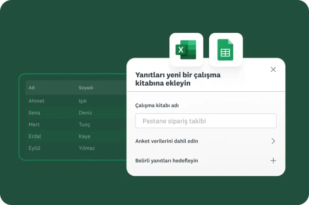 veri dışa aktarımı arayüzü ve Excel ile Google E-Tablolar logoları
