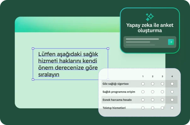 “Göz sağlığı sigortası”, “Sağlık programına erişim”, “Esnek harcama hesabı” ve “Teletıp hizmetleri” seçeneklerinden oluşan bir liste ve üzerinde yanıtlayanların aşağıdaki sağlık hizmeti haklarını kendi önem derecesine göre sıralamasını isteyen anket sorusunu gösteren bir form. Köşede “yapay zeka destekli” bir anket oluşturma aracı gösteriliyor.
