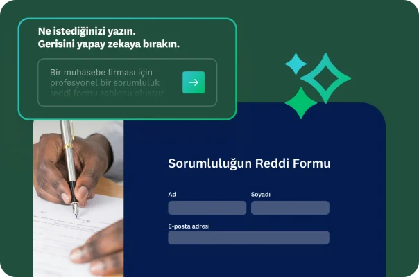 Bir Katılım Onayı Formunu imzalayan el, yanında form alanları ve üst kısımda, form şablonu oluşturma hakkındaki yapay zeka istek metnini gösteren yeşil bir kutu.