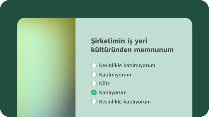 Çalışanlara şirket kültürü memnuniyeti ile ilgili soru soran işyeri kültürü nabız anketi şablon sorusu ve 5'li Likert ölçeği.