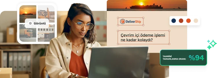 Dizüstü bilgisayarında çalışan bir kadın ile renk seçici, görüntü kolajı ve DeliverShip ödeme anketi dahil olmak üzere anket özelleştirmeye yönelik pencereler.