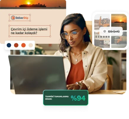 Dizüstü bilgisayarında çalışan bir kadın ile renk seçici, görüntü kolajı ve DeliverShip ödeme anketi dahil olmak üzere anket özelleştirmeye yönelik pencereler.