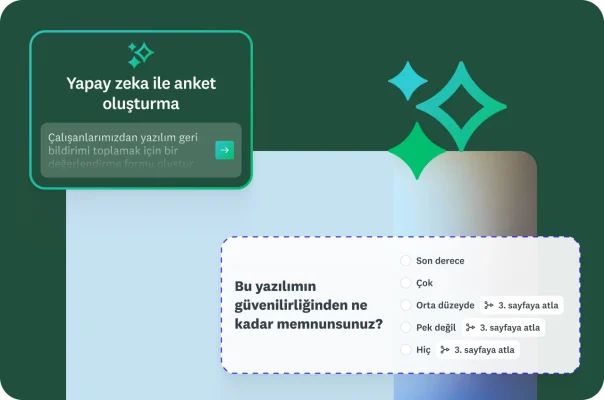 Yazılım güvenilirliği hakkında bir anket sorusu, yanında koşullu atlama mantığı ve üstünde bir yapay zeka istek metni penceresi.