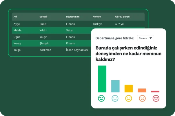Çalışan verilerinin yer aldığı bir tablo ve yanında iş deneyimi memnuniyeti hakkındaki anket sonuçlarının grafiği.