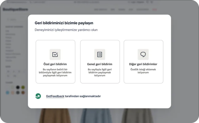 GetFeedback tarafından sağlanan ve ziyaretçilere özel veya genel geri bildirimler paylaşma ve başka istekler bildirme seçenekleri sunan bir web sitesi geri bildirimi açılır penceresi