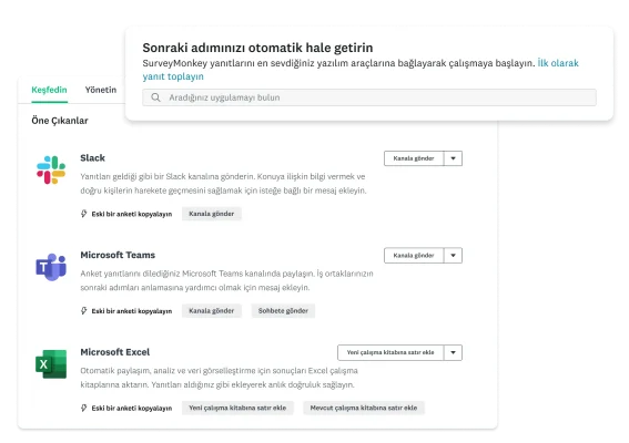 SurveyMonkey'de kullanılan Slack, Microsoft Teams ve Excel uygulamalarının ekran görüntüleri
