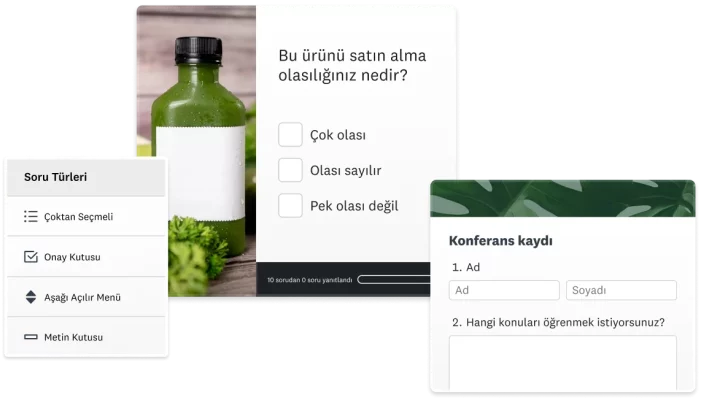 Anket sorularının ve SurveyMonkey kayıt formunun ekran görüntüleri
