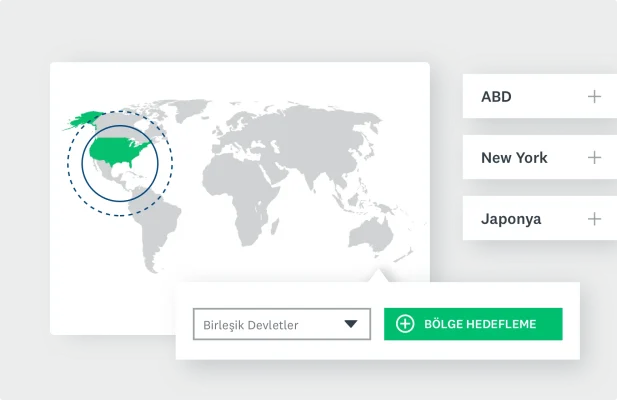 Çeşitli konumların işaretlendiği dünya haritasının ekran görüntüsü ile yanında, işaretlenen bölgelerin isimleri ve bölgeye göre hedefleme özelliğini gösteren düğme