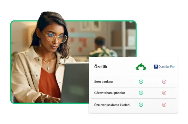 Dizüstü bilgisayarında çalışan bir kadın ve yanında soru bankası ve görev tabanlı panolar da dahil olmak üzere SurveyMonkey'de olan ancak QuestionPro'da olmayan özellikleri gösteren karşılaştırma tablosu