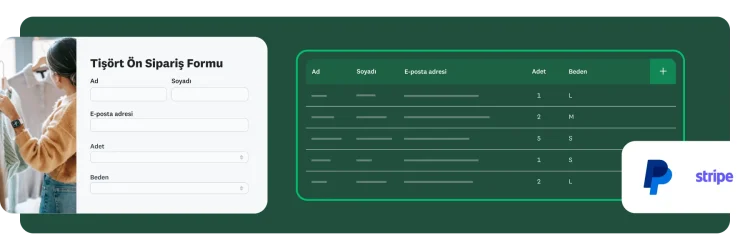 SurveyMonkey ile oluşturulmuş, PayPal ve Stripe entegrasyonlarına sahip tişört sipariş formu