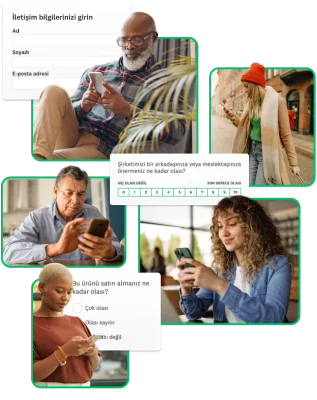 Telefonlarına bakan farklı insanların yer aldığı fotoğraflar ve yanlarında anket sorularının ekran görüntüleri
