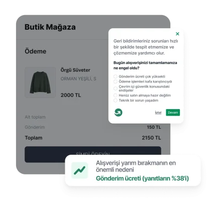%38 yanıt oranı ile alışverişi yarıda bırakmanın en önemli nedeninin gönderim ücreti olduğunu vurgulayan, bir e-ticaret ödeme sayfası üzerine yerleştirilmiş bir GetFeedback sepet bırakma anketi