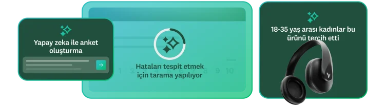 Yapay zeka ile anket oluşturma istek metni, yanında "Hataları tespit etmek için tarama yapılıyor" ifadesi ve onun yanında "18-35 yaş arası kadınlar bu ürünü tercih etti" ifadesi.