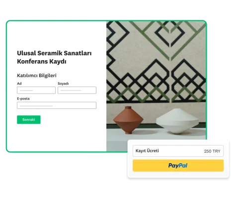 Konferans kayıt formu ekran görüntüsü ve yanında PayPal tarafından yönetilen kayıt ücreti alanı